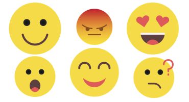 Kuusi hymynaama-emojia, joilla erilaisia ilmeitä.